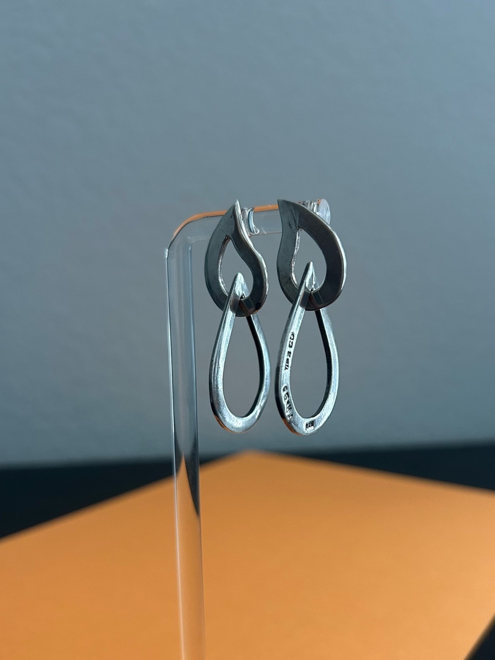 Large Sterling Silver Interlock Open Teardrop Dangle Statement Earrings Vintage